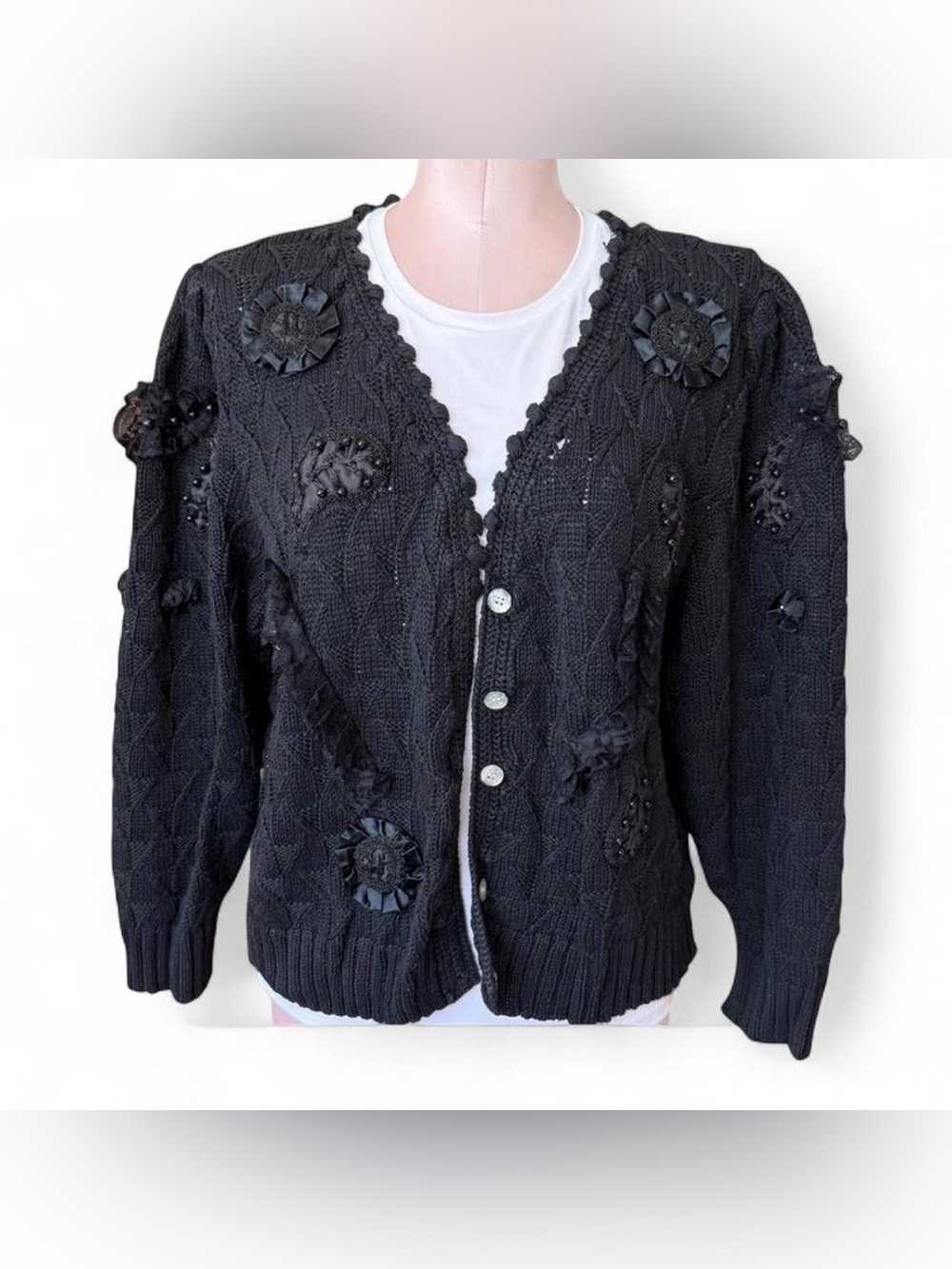 Vintage 80s Apart Brand Black Floral Beaded Knit Cardigan